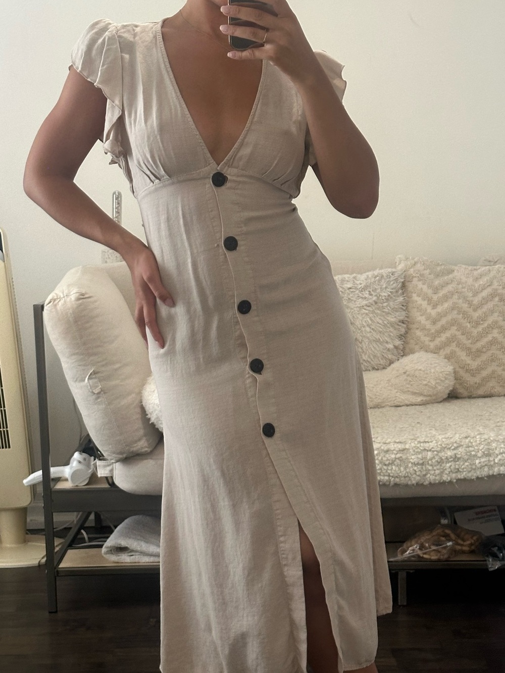 Zara Cream Button-Front V-Neck Midi Dress